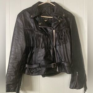 Steer Vintage Womens SZ L Black Leather Fringe Jacket Biker and Western themed